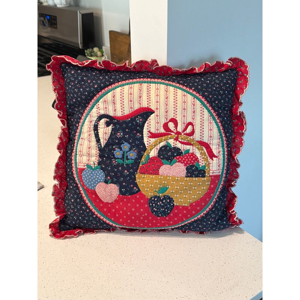 Vintage quilted pillow basket of fruit cottagecore